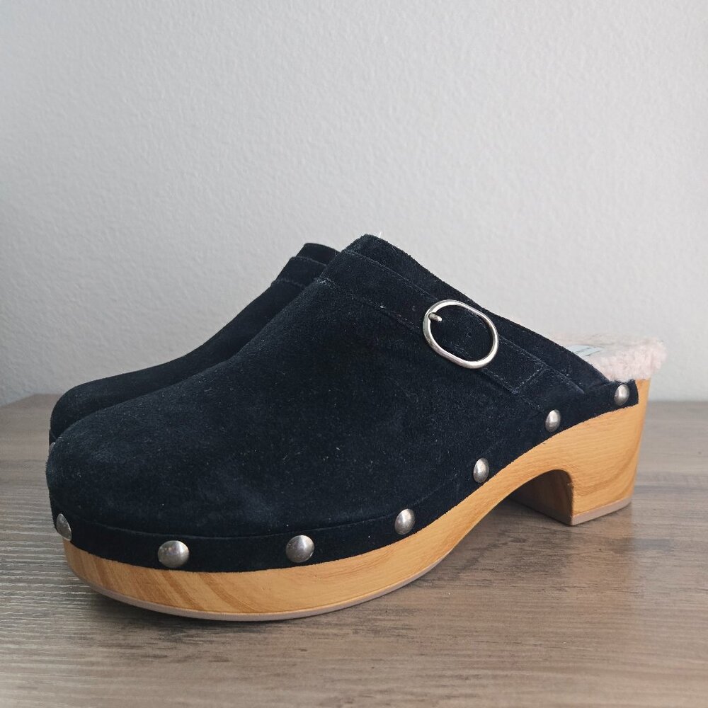 NWOB Chinese Laundry Claire Clog Leather Suede Upper Faux Shearling Black 10M